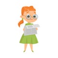 Cute Intelligent Girl Reading Newspaper, Education and Knowledge Concept Cartoon Style Vector Illustration