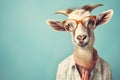 Cute intelligent goat in shirt and glasses, studio portrait