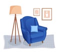 Cute interior with modern furniture. Design of a cozy room with soft blue armchair, pillow, wall pictures, carpet, lamp Royalty Free Stock Photo