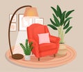 Cute interior with modern furniture and plants. Cozy room design with soft armchair, pillow, plants, wall pictures Royalty Free Stock Photo