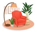 Cute interior with modern furniture and plants. Cozy room design with soft armchair, plants, wall pictures, carpet, lamp Royalty Free Stock Photo