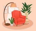 Cute interior with modern furniture and plants. Cozy room design with soft armchair, plants, wall pictures, carpet, lamp Royalty Free Stock Photo