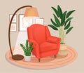 Cute interior with modern furniture and plants. Cozy room design with soft armchair, plants, wall pictures, carpet, lamp Royalty Free Stock Photo