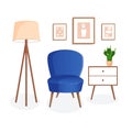 Cute interior with modern furniture and plants. Design of a cozy living room with soft chair, house plant, pictures and