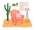 Cute interior with modern furniture and plants. Design of a cozy room with soft armchair, pillow, wall pictures, carpet Royalty Free Stock Photo