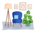 Cute interior with modern furniture and plants. Design of a cozy room with soft armchair, pillow, wall pictures, carpet Royalty Free Stock Photo