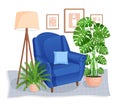 Cute interior with modern furniture and plants. Design of a cozy room with soft armchair, pillow, wall pictures, carpet Royalty Free Stock Photo