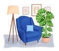 Cute interior with modern furniture and plants. Design of a cozy room with soft armchair, pillow, wall pictures, carpet Royalty Free Stock Photo