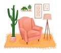 Cute interior with modern furniture and plants. Design of a cozy room with soft armchair, wall pictures, carpet, lamp Royalty Free Stock Photo