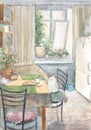 Cute interior of the morning kitchen, watercolor