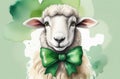 Cute Irish sheep with a green bow around its neck, free space for text, background illustration for St. Patrick\'s Day