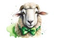 Cute Irish sheep with a green bow around its neck, free space for text, background illustration for St. Patrick\'s Day