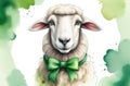 Cute Irish sheep with a green bow around its neck, free space for text, background illustration for St. Patrick\'s Day