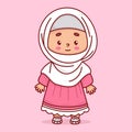 Cute Islamic child. Muslim girl in hijab and in traditional clothes. Happy cartoon ethnic female character. Vector