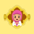 Cute islamic girl praying with golden lantern