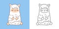 Cute Isolated Alpaca Illustration and For Coloring Page. Cartoon Clip Art Lama. Cartoon Vector Illustration of Kawaii