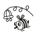 Cute isolated bee and flower in black outline on white background for design. Cartoon character. Vector illustration. Royalty Free Stock Photo