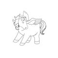 Cute isolated Pegasus in a black contour for kids, outlined vector flying horse on white isolated background, concept of Anti