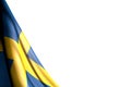 Beautiful celebration flag 3d illustration - isolated image of Sweden flag hanging diagonal - mockup on white with space for your Royalty Free Stock Photo