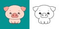 Cute Isolated Piggy Illustration and For Coloring Page. Cartoon Clip Art Farm Baby Animal. Cartoon Vector Illustration