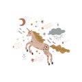 Cute isolated stylish boho moon unicorn composition. Good night concept. Magical animals. Pastel colors. Pony nursery print.