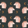 Cute isolated stylish boho unicorns seamless pattern design. Good night concept. Magical animals. Pastel colors. Pony nursery