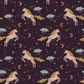 Cute isolated stylish boho unicorns seamless pattern design. Good night concept. Magical animals. Pastel colors. Pony nursery