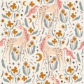 Cute isolated stylish boho unicorns seamless pattern design. Good night concept. Magical animals. Pastel colors. Pony nursery