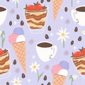 Cute Italian dessert seamless pattern. Tiramisu, ice cream, coffee and flower background wallpaper.