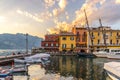 Cute italian village Malcesine at lago di garda: colourful houses and harbor