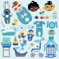 Cute items for baby boy.Baby shower icons Royalty Free Stock Photo