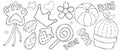 Cute items for girl, vector set of elements with decorative stitching seam, coloring book