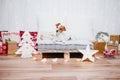 Cute jack russell dog sitting on comfortable cushion over christmas decoration at home or studio. Christmas time, december, white