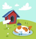 Cute jack russell terrier dog sleeping on a mat in front of its kennel in garden on summer sunny day vector Illustration