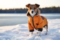 Cute Jack Russell terrier in orange winter warm jacket walking on snowy field. Blurred background with forest. Portrait funny dog