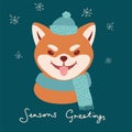 Cute Japanese dog Shiba inu greetings Christmas and New Year card