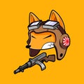 Cute japanese fox kamikaze pilot holding sub machine gun rifle mascot illustration