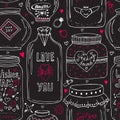 Cute jars of love pattern. Valentines seamless chalkboard background. Vector wishes jar with lettering. Love day decoration.