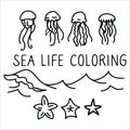 Cute jellyfish coloring page cartoon vector illustration motif set. Hand drawn isolated starfish and wave elements clipart for