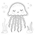 Cute Jellyfish Coloring Page Vector Illustration isolated on White. sea life Coloring Page. Illustration Featuring an Coloring Royalty Free Stock Photo