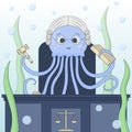 Cute jellyfish judge. Cartoon animal character. Undersea court, justice. Profession, occupation, job, flat vector art