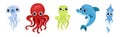 Cute Jellyfish, Octopus, Dolphin and Squid as Sea Animal Floating Underwater Vector Set Royalty Free Stock Photo