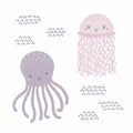 Cute jellyfish, octopus underwater, sea waves