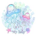 Cute jellyfish sleeping sweetly. Vector illustration. Watercolor