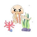 Cute jellyfish, t shirt print, childrens poster, on white background. Underwater world with seaweed.