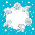 Cute jellyfish vector frame. Hand drawn illustration of uderwater inhabitants on blue water background with round space for text.