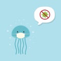 Cute Jellyfish wearing medical mask on sky blue background. Coronavirus COVID-19 Vector Illustration. Kawaii Teddy Bear