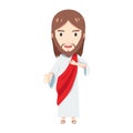 Cute Jesus Christ is holding his chest and offer his hand to help