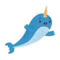 Cute joyful baby narwhal. Adorable sea mammal animal cartoon character vector illustration Royalty Free Stock Photo