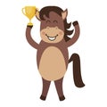 A cute and joyful brown horse with a won cup. Royalty Free Stock Photo